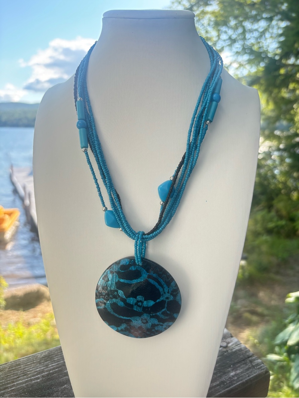 Turquoise seed Beaded Statement Necklace with Round floral Pendant 16”